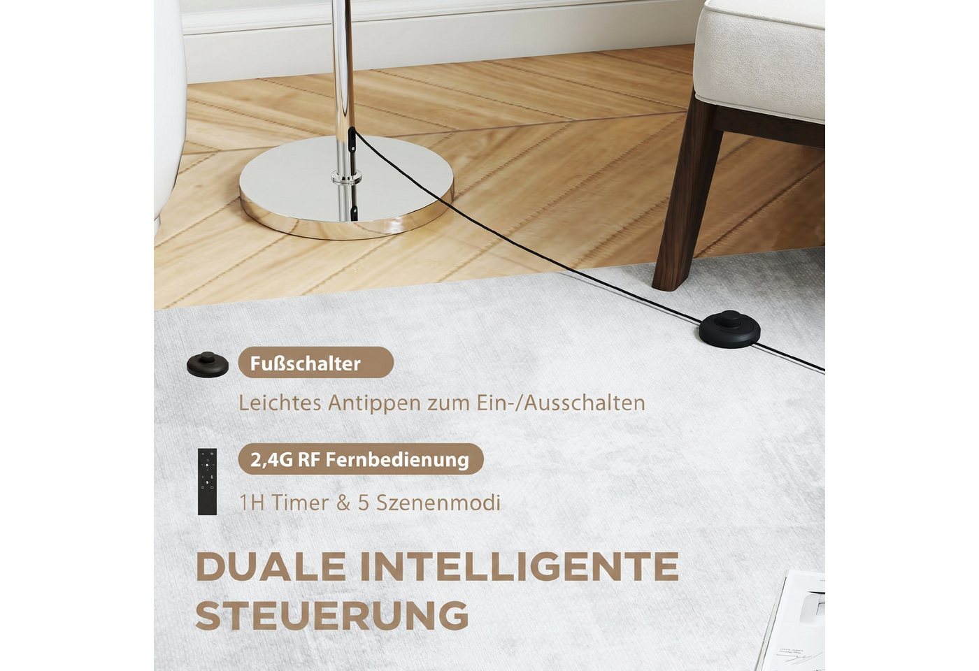 HOMCOM Stehlampe Leinenschirm, Timer, Fernbedienung, Dimmfunktion, LED wechselbar, Neutralweiß, für Wohnzimmer Schlafzimmer, Beige – Bild 5 von 5