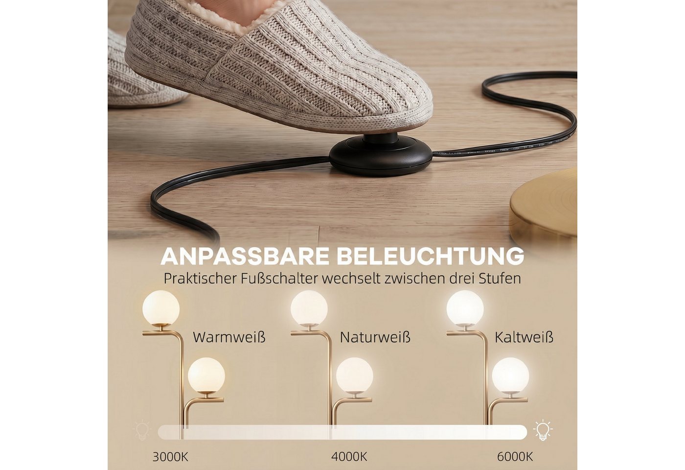 HOMCOM Stehlampe mit 3 Farbtemperaturen, Dimmfunktion, Farbwechsel, Ein-,Ausschalter, LED wechselbar, warmweiß, kaltweiß, neutralweiß, 3 Farbtemperaturen, Fußsc – Bild 5 von 5