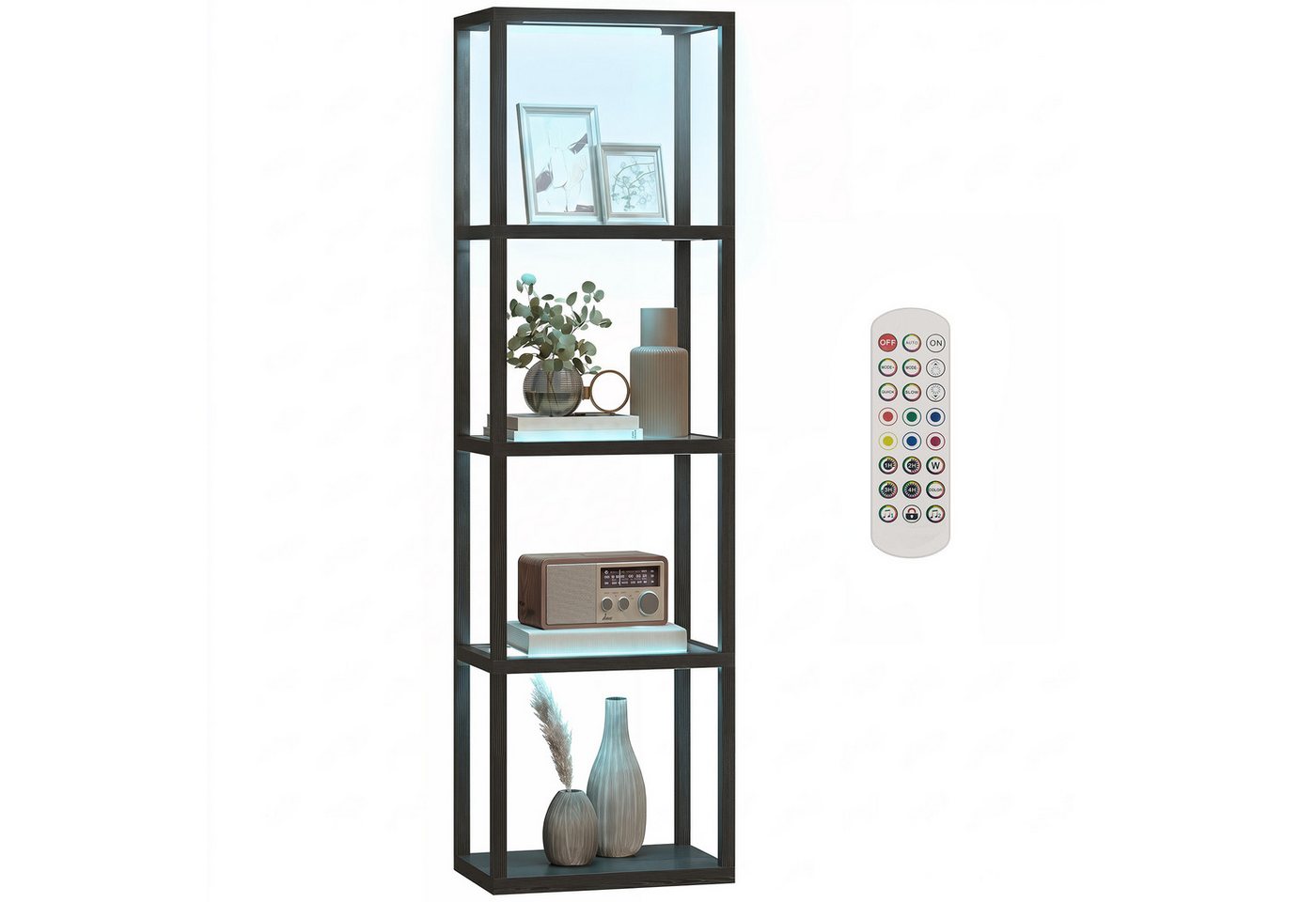 HOMCOM Stehlampe mit Glasregalen, Timer, LED fest integriert, 4-Ebenen-LED-Lampe mit Fernbedienung, Musiksynchronisation, Schwarz – Bild 2 von 5