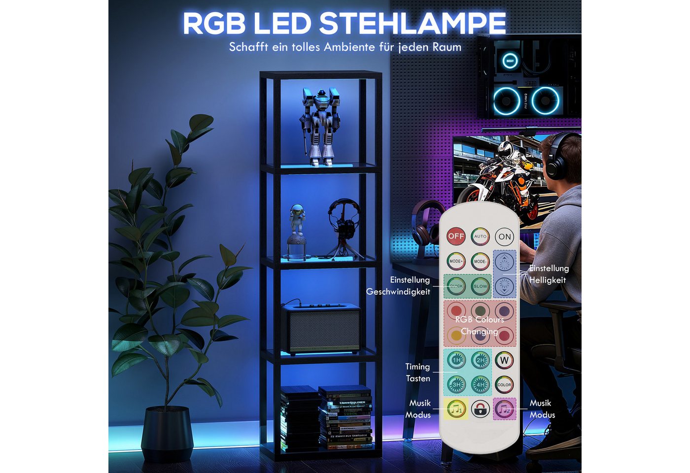 HOMCOM Stehlampe mit Glasregalen, Timer, LED fest integriert, 4-Ebenen-LED-Lampe mit Fernbedienung, Musiksynchronisation, Schwarz – Bild 4 von 5