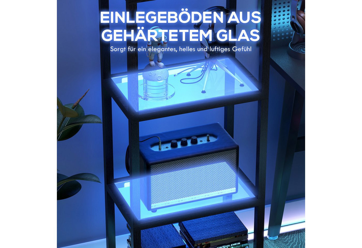 HOMCOM Stehlampe mit Glasregalen, Timer, LED fest integriert, 4-Ebenen-LED-Lampe mit Fernbedienung, Musiksynchronisation, Schwarz – Bild 5 von 5