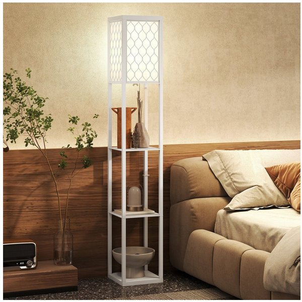 HOMCOM Stehlampe mit Regal, Ein-,Ausschalter, ohne Leuchtmittel, Warmweiß, 3 Fächer Stauraum, Weiß