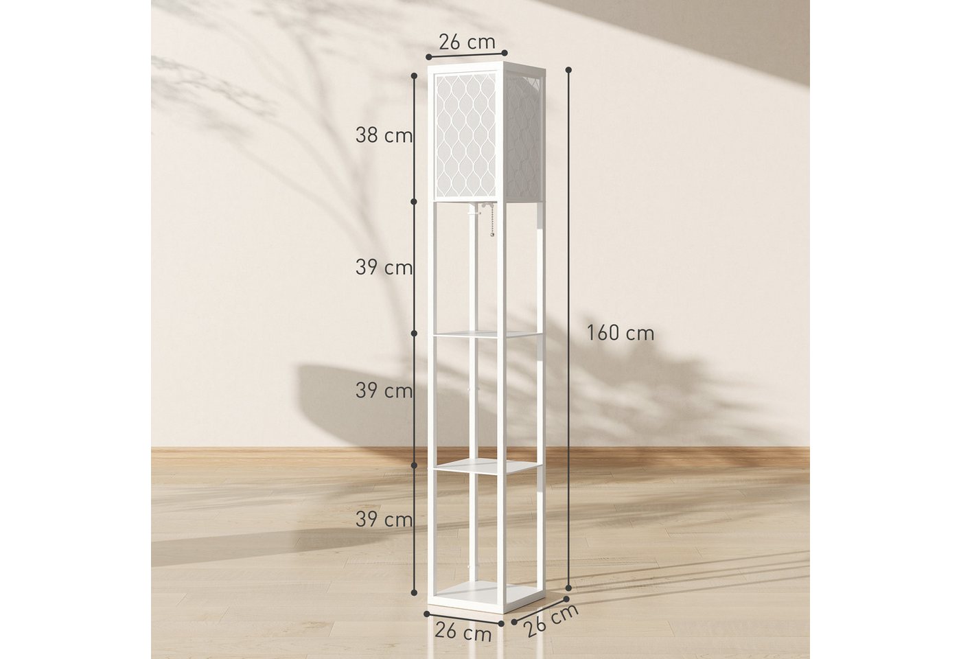 HOMCOM Stehlampe mit Regal, Ein-,Ausschalter, ohne Leuchtmittel, Warmweiß, 3 Fächer Stauraum, Weiß – Bild 3 von 5