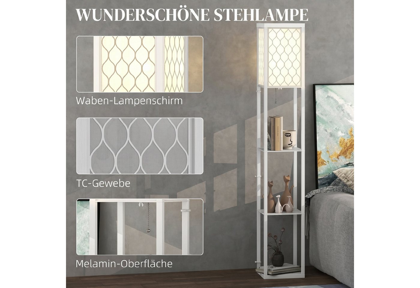 HOMCOM Stehlampe mit Regal, Ein-,Ausschalter, ohne Leuchtmittel, Warmweiß, 3 Fächer Stauraum, Weiß – Bild 4 von 5