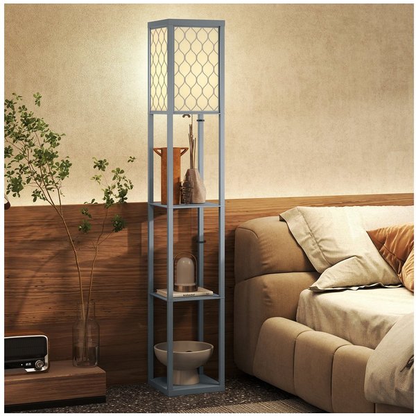 HOMCOM Stehlampe mit Regal, Ein-,Ausschalter, ohne Leuchtmittel, Warmweiß, 3 Fächer Stauraum, Hellgrau