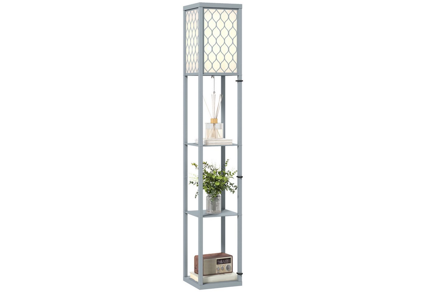 HOMCOM Stehlampe mit Regal, Ein-,Ausschalter, ohne Leuchtmittel, Warmweiß, 3 Fächer Stauraum, Hellgrau – Bild 2 von 5