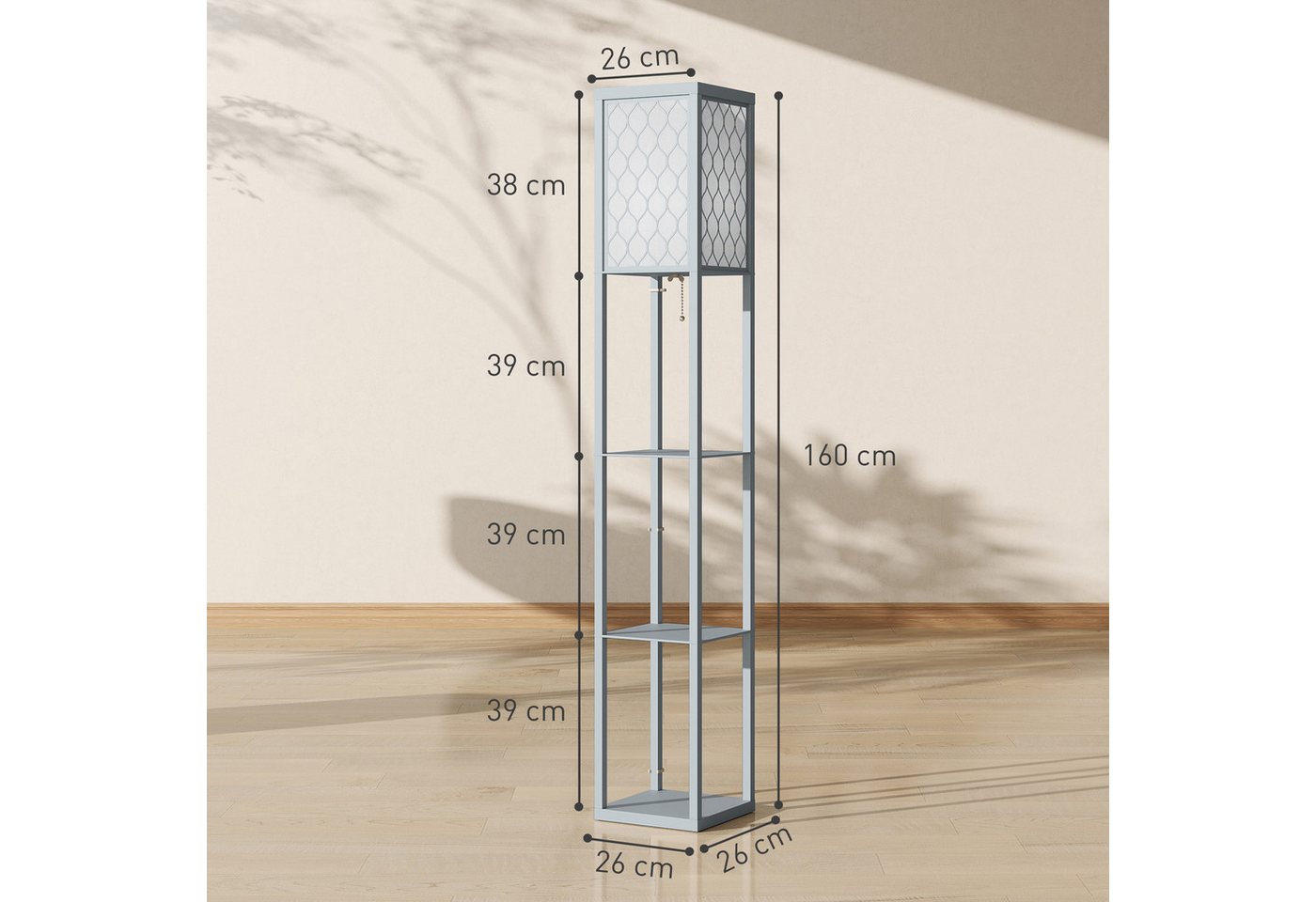 HOMCOM Stehlampe mit Regal, Ein-,Ausschalter, ohne Leuchtmittel, Warmweiß, 3 Fächer Stauraum, Hellgrau – Bild 3 von 5