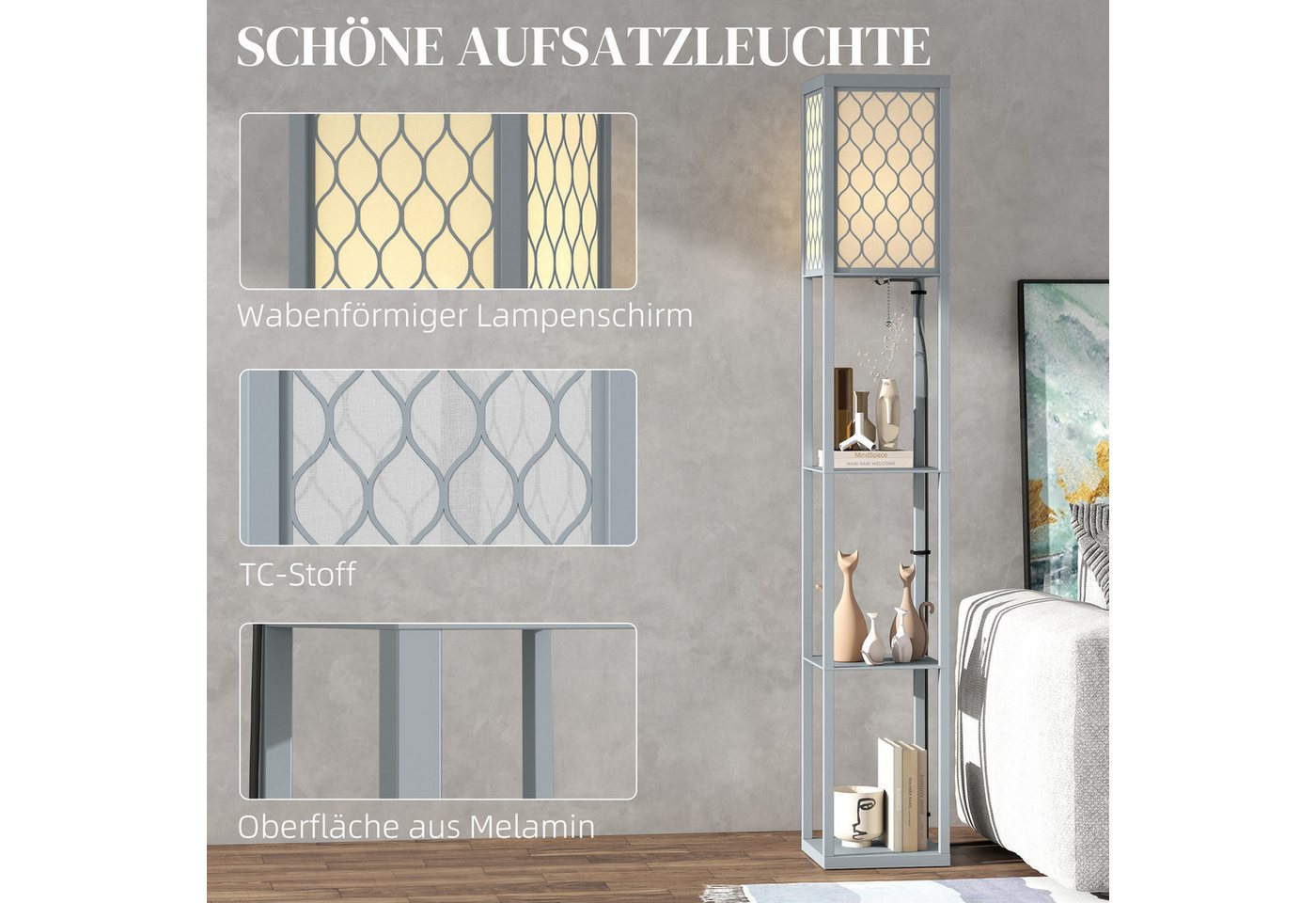 HOMCOM Stehlampe mit Regal, Ein-,Ausschalter, ohne Leuchtmittel, Warmweiß, 3 Fächer Stauraum, Hellgrau – Bild 4 von 5