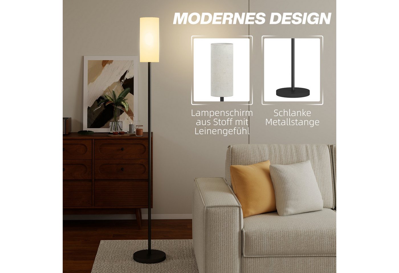 HOMCOM Stehlampe moderne Lampe mit Leinenschirm, Fußschalter, ohne Leuchtmittel, für Schlafzimmer, Wohnzimmer, 22 x 22 x 163 cm – Bild 4 von 5