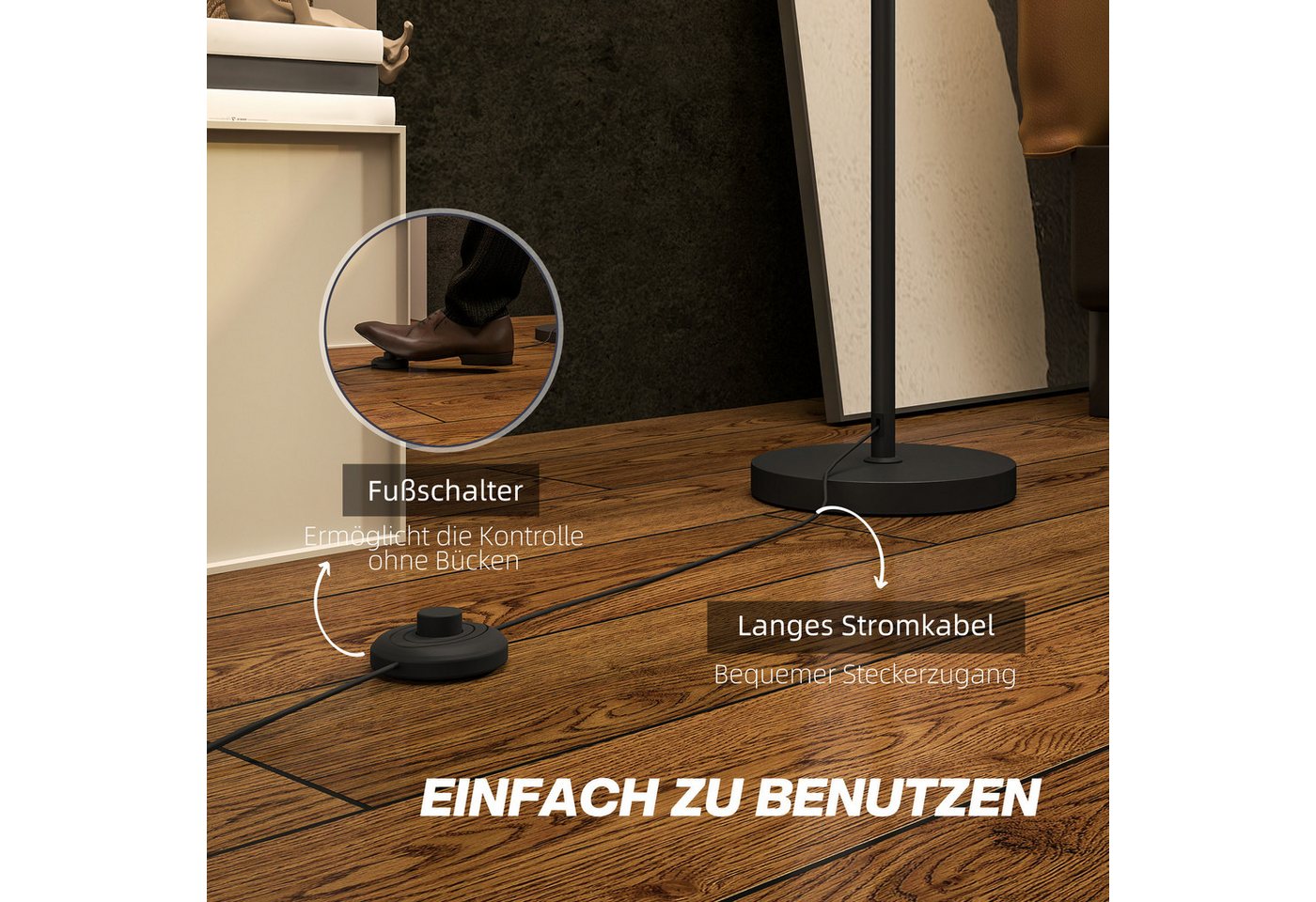 HOMCOM Stehlampe moderne Lampe mit Leinenschirm, Fußschalter, ohne Leuchtmittel, für Schlafzimmer, Wohnzimmer, 22 x 22 x 163 cm – Bild 5 von 5
