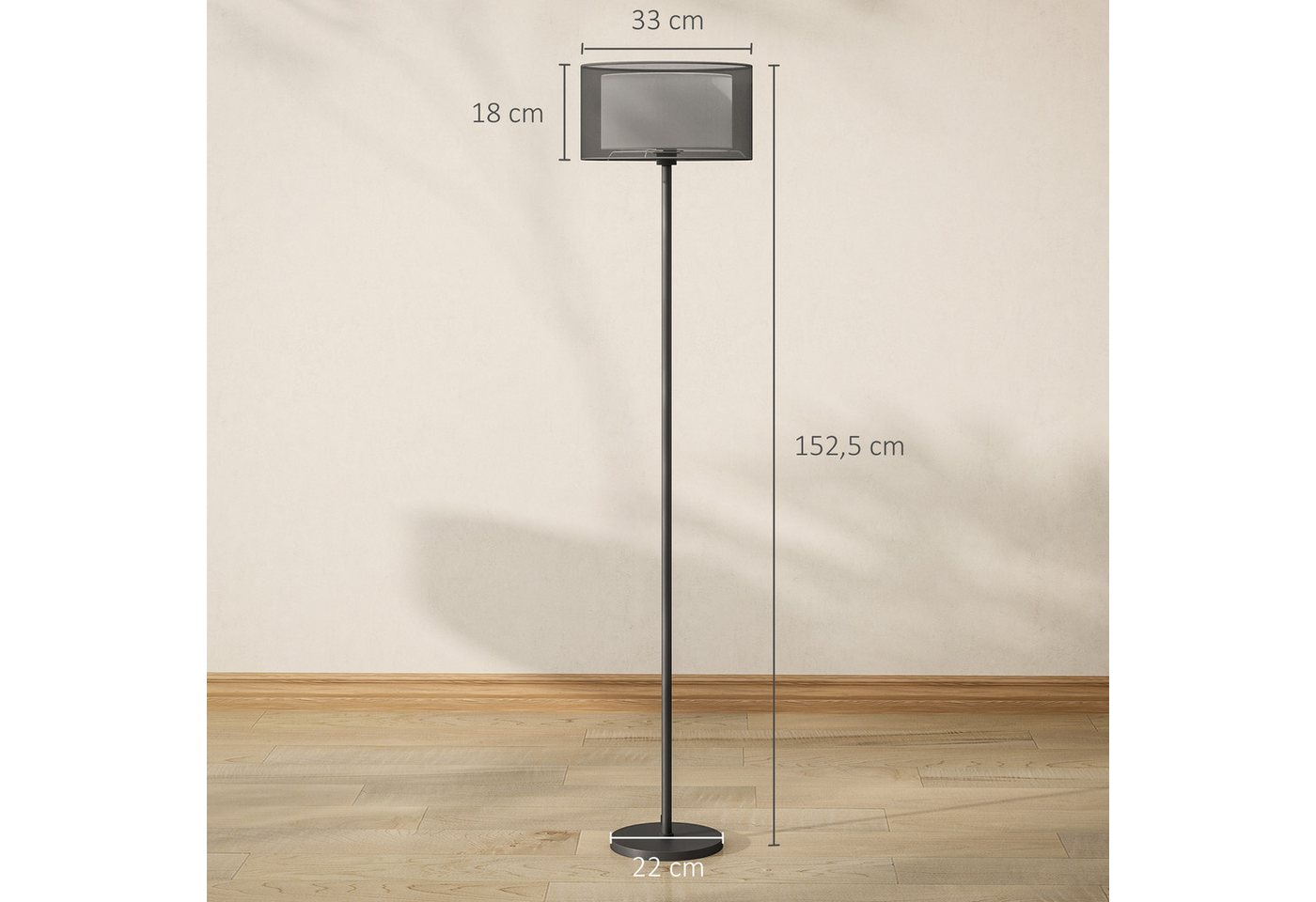 HOMCOM Stehlampe moderne Lampe mit Stoffschirm, Fußschalter, ohne Leuchtmittel, für Schlafzimmer, Wohnzimmer, 33 x 33 x 152,5 cm – Bild 3 von 5