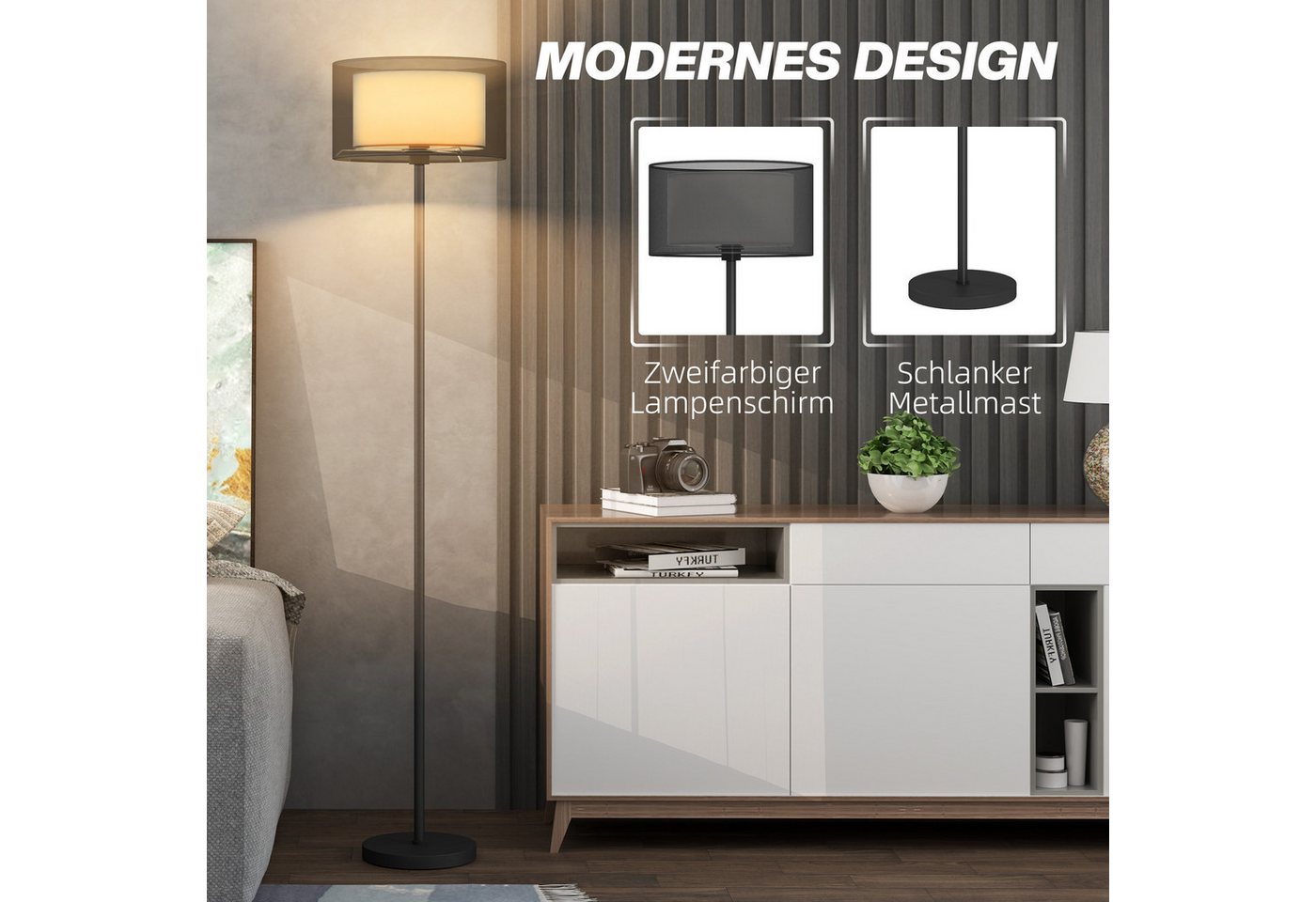 HOMCOM Stehlampe moderne Lampe mit Stoffschirm, Fußschalter, ohne Leuchtmittel, für Schlafzimmer, Wohnzimmer, 33 x 33 x 152,5 cm – Bild 4 von 5