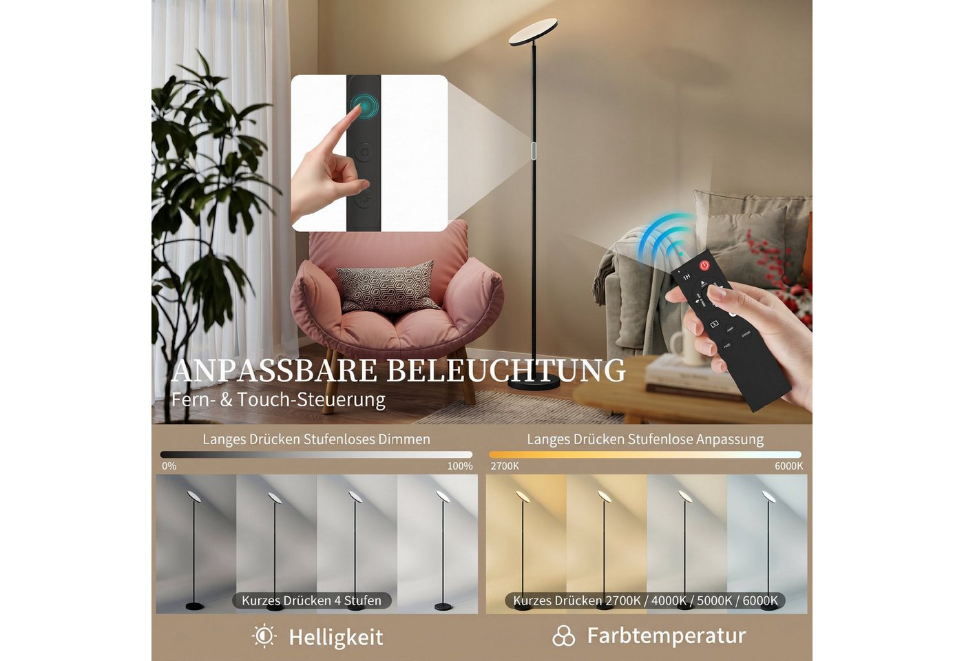 HOMCOM Stehlampe RGB dimmbare Uplighter Lampe, Dimmfunktion, LED fest integriert, Farbwechsler, Warmweiß, Kaltweiß, Neutralweiß, Deckenfluter, dimmbar, RGB – Bild 4 von 5