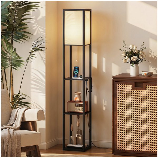 HOMCOM Stehlampe Standleuchte mit Regalen, Wohnzimmer Stehleuchte mit E27 Fassung, Dimmfunktion, mehrere Helligkeitsstufen, Ein-,Ausschalter, Ladefunktion, LED 