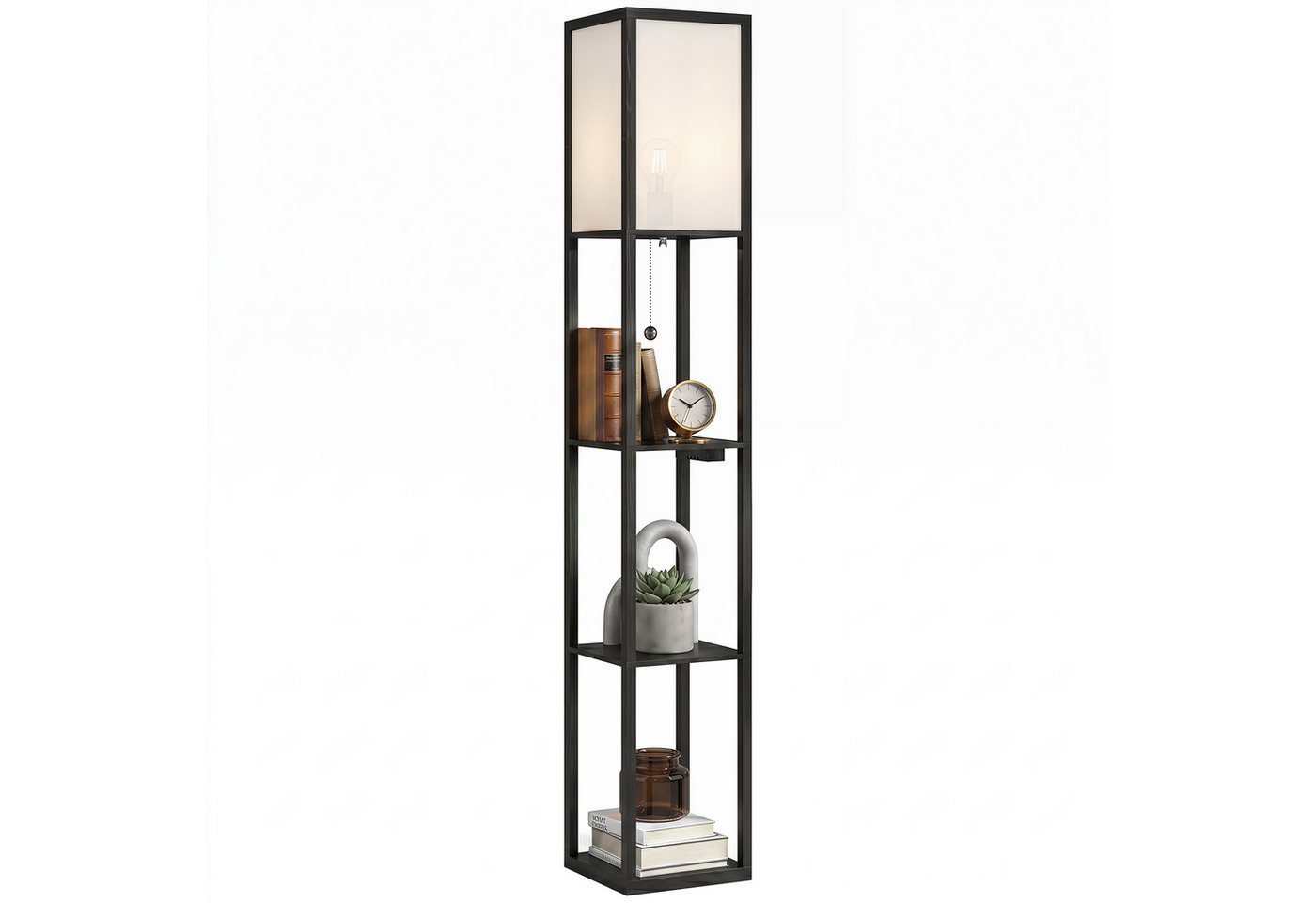 HOMCOM Stehlampe Standleuchte mit Regalen, Wohnzimmer Stehleuchte mit E27 Fassung, Dimmfunktion, mehrere Helligkeitsstufen, Ein-,Ausschalter, Ladefunktion, LED  – Bild 2 von 5