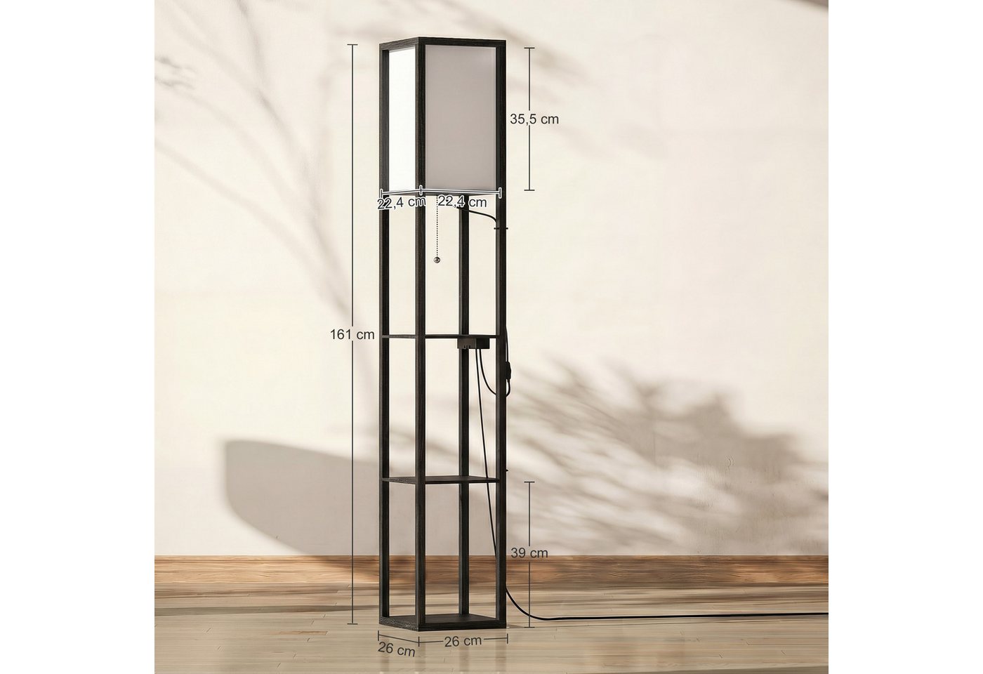 HOMCOM Stehlampe Standleuchte mit Regalen, Wohnzimmer Stehleuchte mit E27 Fassung, Dimmfunktion, mehrere Helligkeitsstufen, Ein-,Ausschalter, Ladefunktion, LED  – Bild 3 von 5