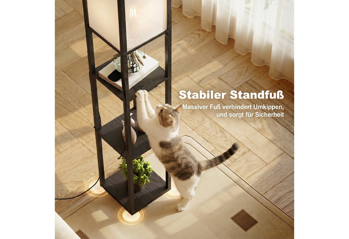 HOMCOM Stehlampe Standleuchte mit Regalen, Wohnzimmer Stehleuchte mit E27 Fassung, Dimmfunktion, mehrere Helligkeitsstufen, Ein-,Ausschalter, Ladefunktion, LED  – Bild 4 von 5