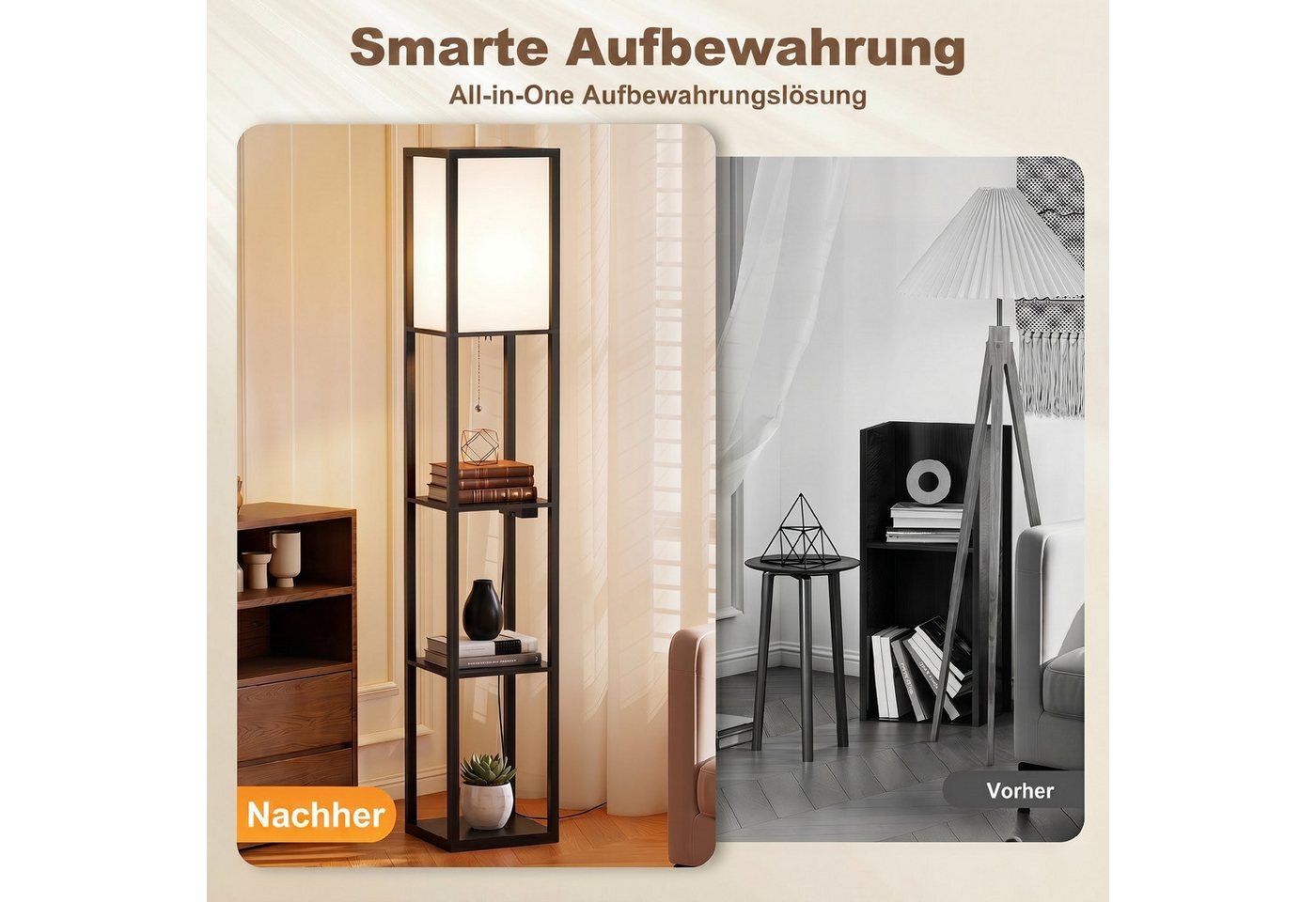 HOMCOM Stehlampe Standleuchte mit Regalen, Wohnzimmer Stehleuchte mit E27 Fassung, Dimmfunktion, mehrere Helligkeitsstufen, Ein-,Ausschalter, Ladefunktion, LED  – Bild 5 von 5