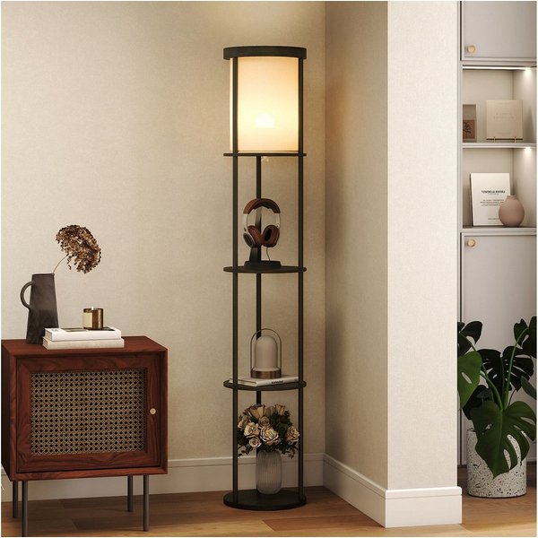 HOMCOM Stehlampe Standleuchte Stehleuchte mit 3 runden Regalen, Lampenschirm aus Stoff, Dimmfunktion, LED wechselbar, für Wohnzimmer Schlafzimmer, Schwarz