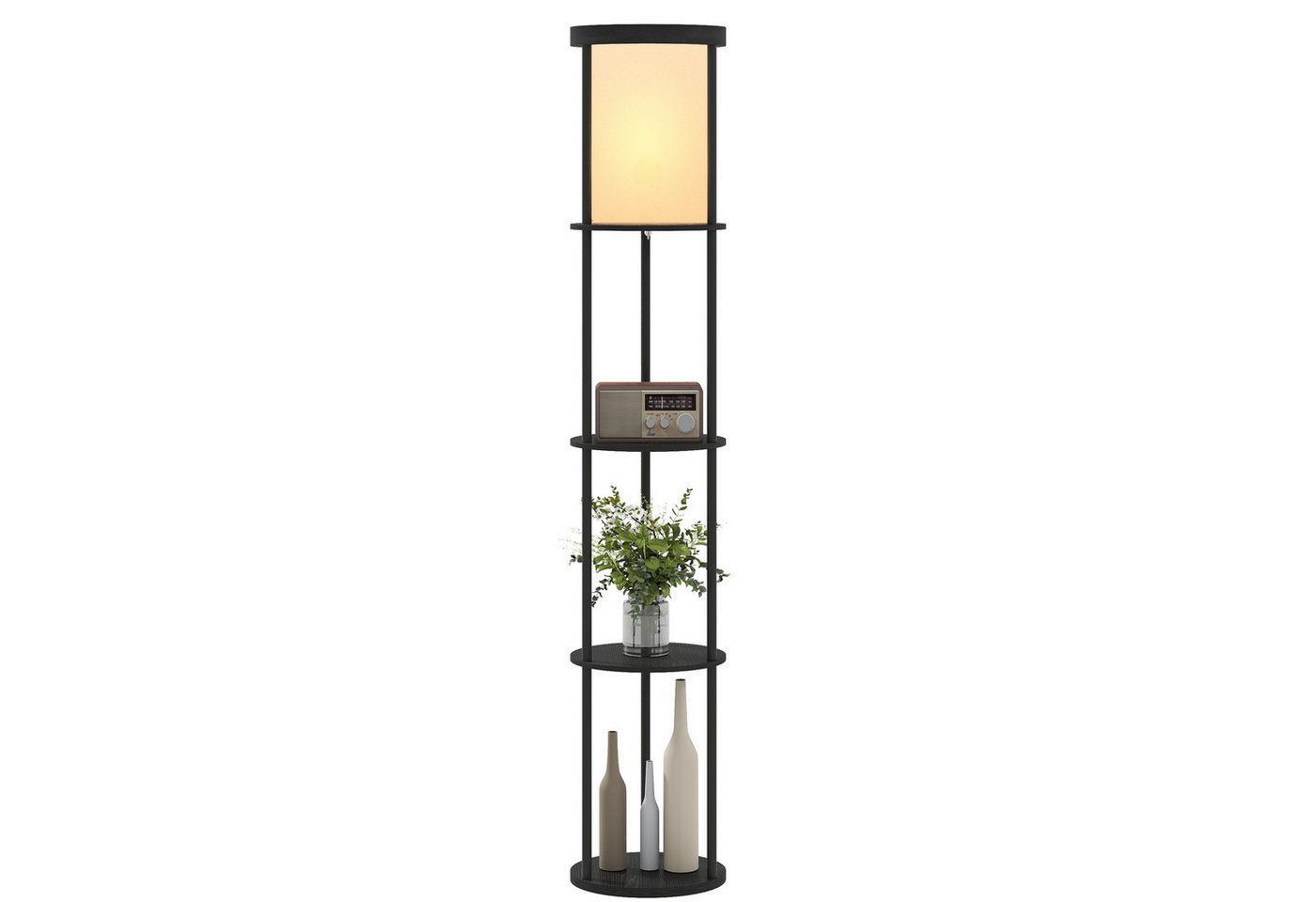 HOMCOM Stehlampe Standleuchte Stehleuchte mit 3 runden Regalen, Lampenschirm aus Stoff, Dimmfunktion, LED wechselbar, für Wohnzimmer Schlafzimmer, Schwarz – Bild 2 von 5