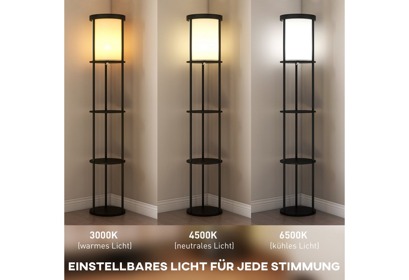 HOMCOM Stehlampe Standleuchte Stehleuchte mit 3 runden Regalen, Lampenschirm aus Stoff, Dimmfunktion, LED wechselbar, für Wohnzimmer Schlafzimmer, Schwarz – Bild 4 von 5