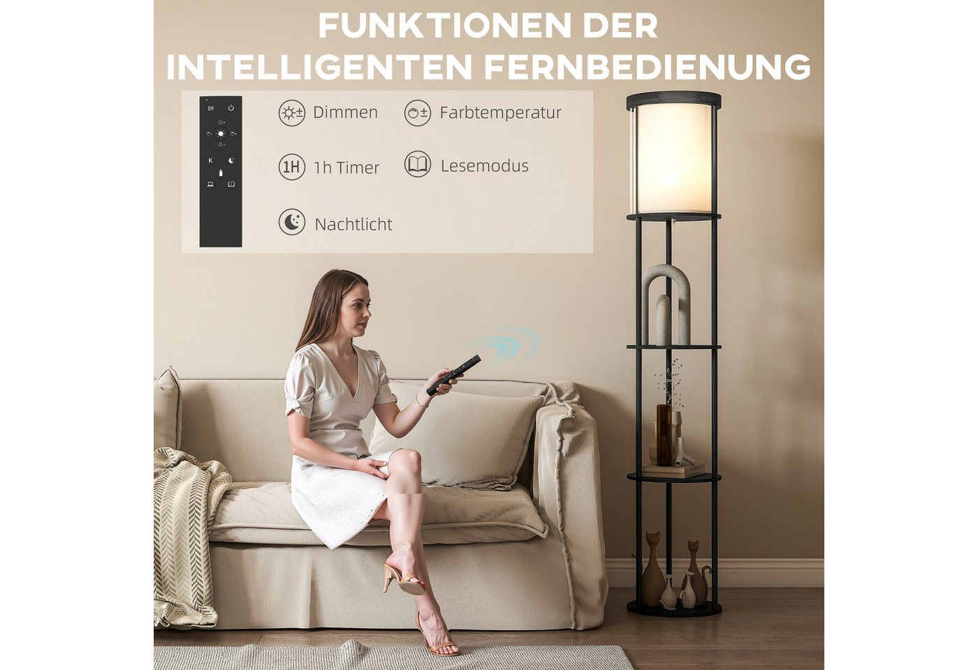 HOMCOM Stehlampe Standleuchte Stehleuchte mit 3 runden Regalen, Lampenschirm aus Stoff, Dimmfunktion, LED wechselbar, für Wohnzimmer Schlafzimmer, Schwarz – Bild 5 von 5