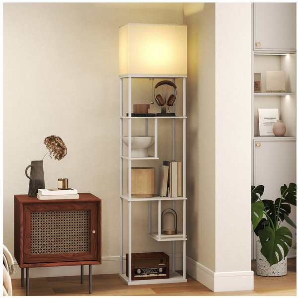 HOMCOM Stehlampe Stehleuchte mit E27-Birne, Dimmfunktion, Farbtemperaturwechsel, Timer, LED wechselbar, Warmweiß, Kaltweiß, Stehlampe mit 5 Regalen, Fernbedienu