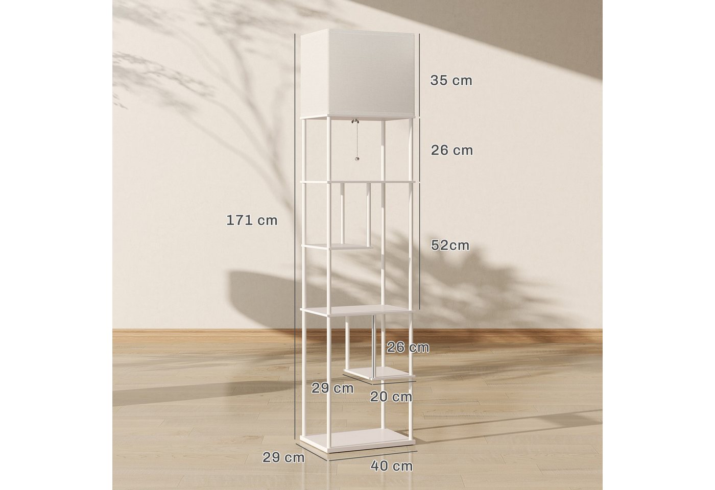 HOMCOM Stehlampe Stehleuchte mit E27-Birne, Dimmfunktion, Farbtemperaturwechsel, Timer, LED wechselbar, Warmweiß, Kaltweiß, Stehlampe mit 5 Regalen, Fernbedienu – Bild 3 von 5