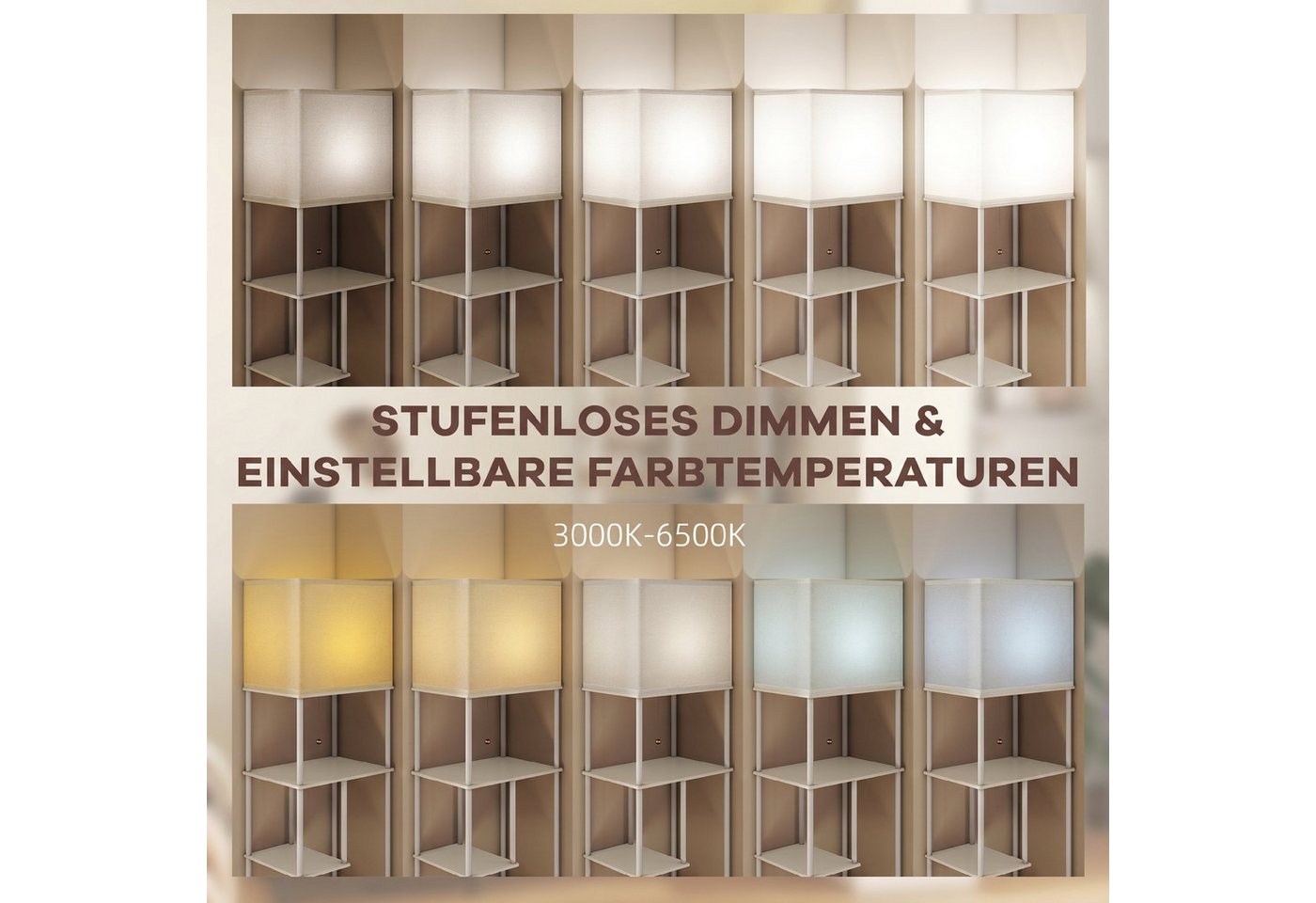 HOMCOM Stehlampe Stehleuchte mit E27-Birne, Dimmfunktion, Farbtemperaturwechsel, Timer, LED wechselbar, Warmweiß, Kaltweiß, Stehlampe mit 5 Regalen, Fernbedienu – Bild 4 von 5