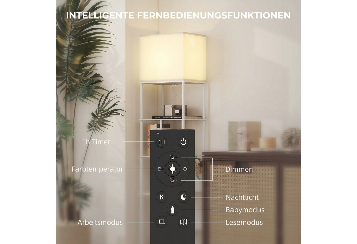 HOMCOM Stehlampe Stehleuchte mit E27-Birne, Dimmfunktion, Farbtemperaturwechsel, Timer, LED wechselbar, Warmweiß, Kaltweiß, Stehlampe mit 5 Regalen, Fernbedienu – Bild 5 von 5