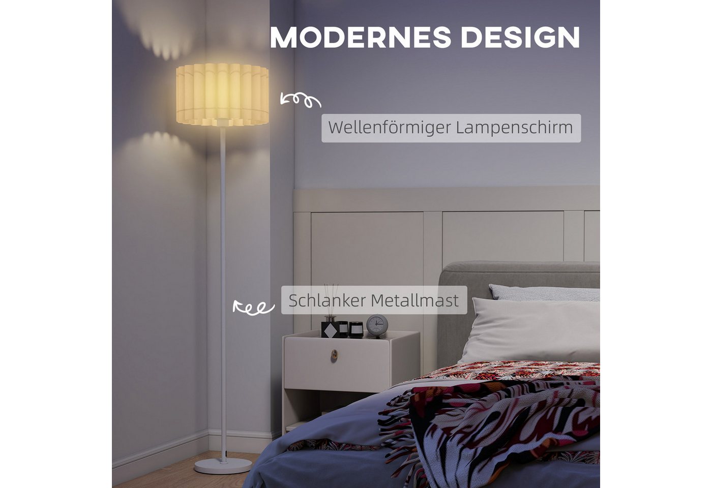 HOMCOM Stehlampe Stehleuchte mit E27 Fassung, mit Wellenschirm, Ohne Leuchtmittel, für Wohnzimmer, Schlafzimmer, exkl. Leuchtmittel, Weiß – Bild 4 von 5