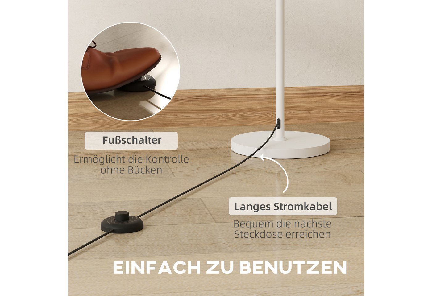 HOMCOM Stehlampe Stehleuchte mit E27 Fassung, mit Wellenschirm, Ohne Leuchtmittel, für Wohnzimmer, Schlafzimmer, exkl. Leuchtmittel, Weiß – Bild 5 von 5