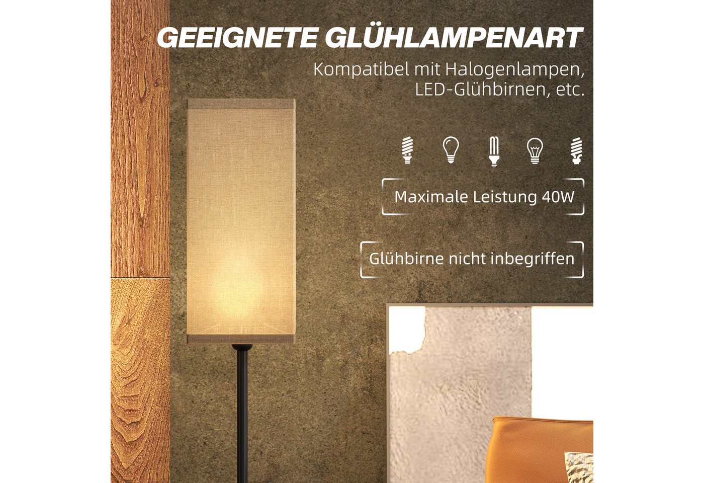 HOMCOM Stehlampe Stehleuchte mit Leinenoptik moderne Standlampe mit Fußschalter, ohne Leuchtmittel, für Wohnzimmer, Schlafzimmer, exkl.Glühbirne, Schwarz – Bild 5 von 5