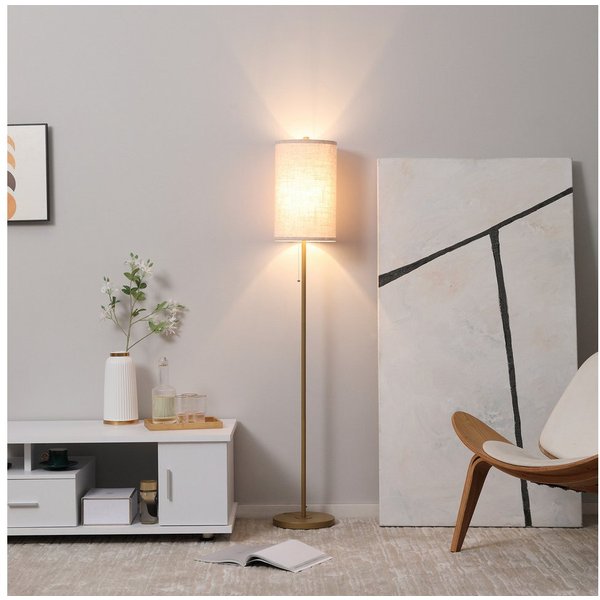 HOMCOM Stehlampe Wohnzimmer Stehleuchte mit Leinen Lampenschirm, exkl. Glühbirne, Ein-,Ausschalter, ohne Leuchtmittel, mit Stahlständer, E27 Fassung Standlampe 