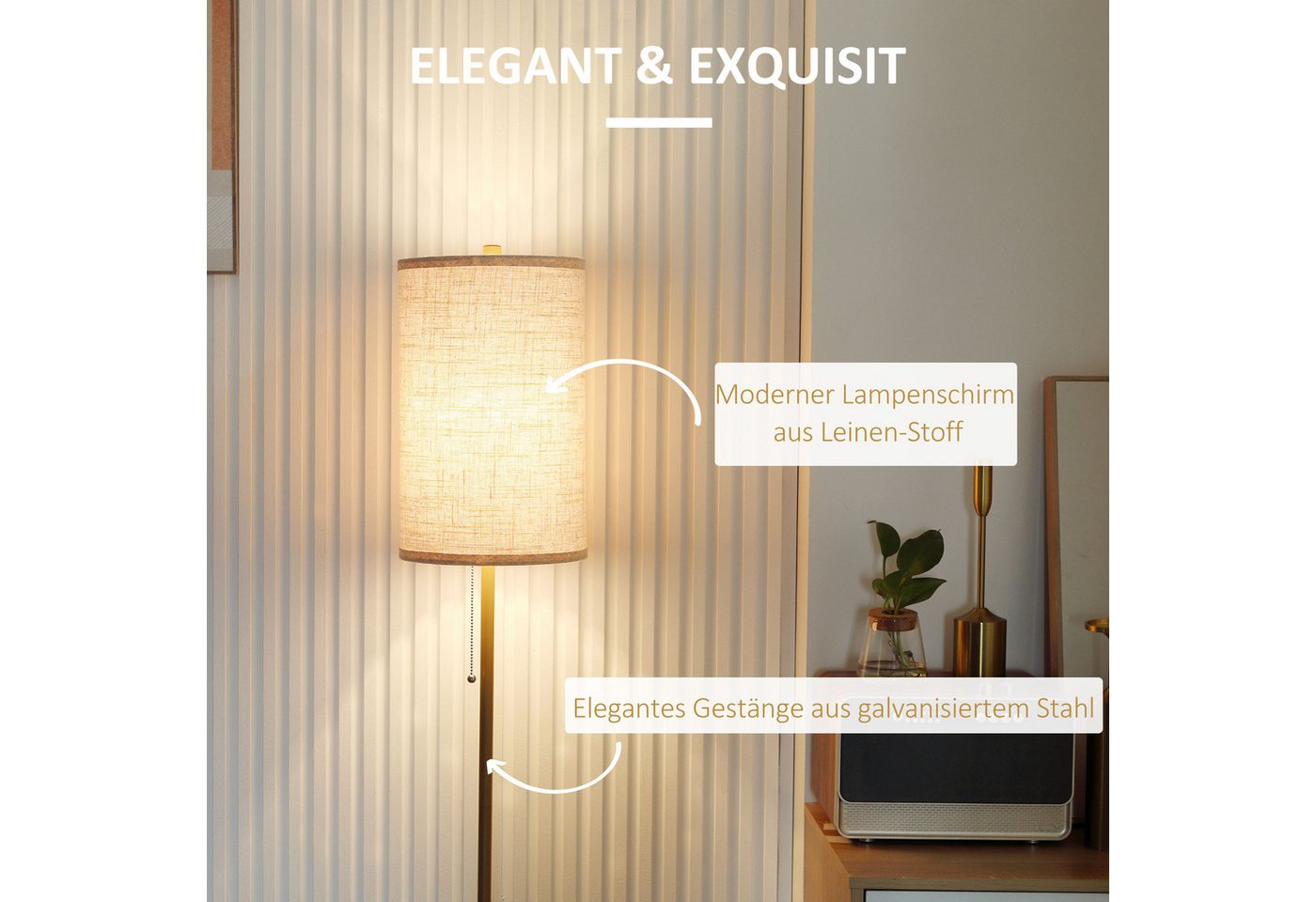 HOMCOM Stehlampe Wohnzimmer Stehleuchte mit Leinen Lampenschirm, exkl. Glühbirne, Ein-,Ausschalter, ohne Leuchtmittel, mit Stahlständer, E27 Fassung Standlampe  – Bild 4 von 5