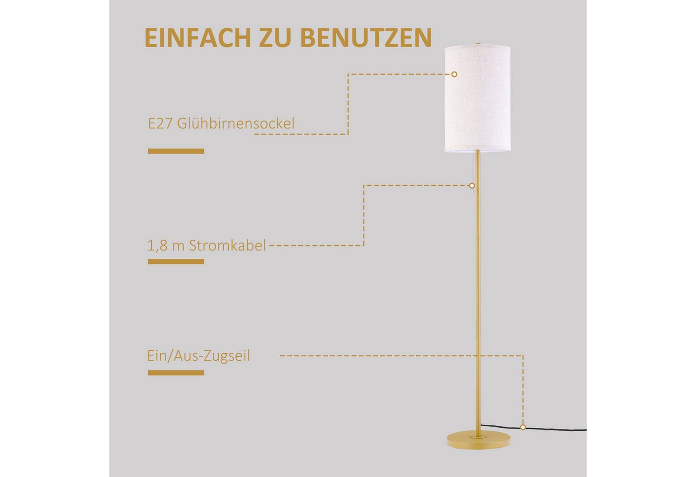HOMCOM Stehlampe Wohnzimmer Stehleuchte mit Leinen Lampenschirm, exkl. Glühbirne, Ein-,Ausschalter, ohne Leuchtmittel, mit Stahlständer, E27 Fassung Standlampe  – Bild 5 von 5