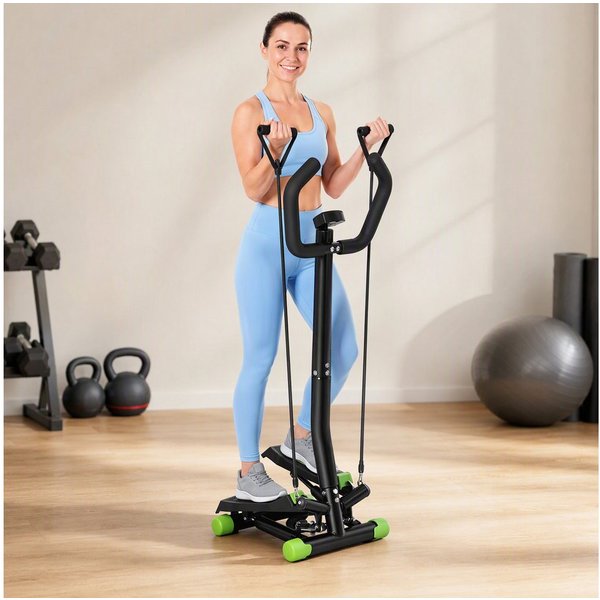 HOMCOM Stepper Sidestepper mit Haltegriff (Heimtrainer, 1-tlg., Trainingsbänder), LCD Display Stahl