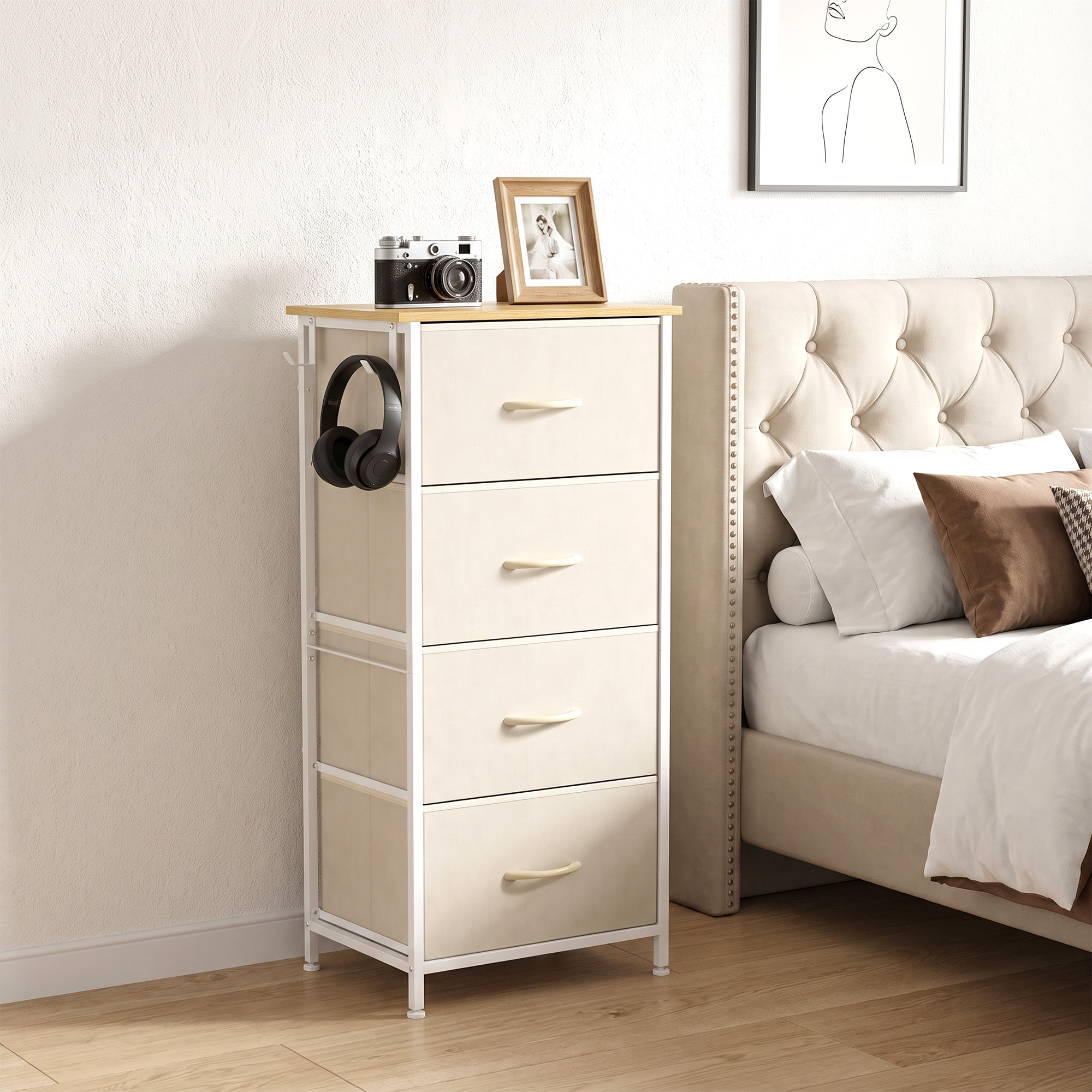 HOMCOM Stoffkommode Platzsparend mit 4 Schubladen, Schrank mit Schubladen, 4 Taschen, 2 Haken und Stahlrahmen für Schlafzimmer, Bad und Wohnzimmer, 45x30x94.5 c – Bild 2 von 2