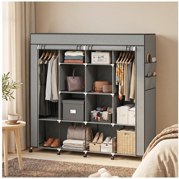 HOMCOM Stoffschrank Kleiderschrank (Kleiderstangen, 1-St., Stoffschrank) Dunkelgrau, 166 x 42,5 x 167 cm