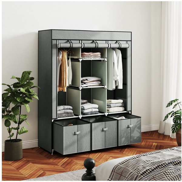 HOMCOM Stoffschrank Kleiderschrank mit Kleiderstange, Schubladen, Reißverschluss (Faltbare Garderobe, 1-St., Faltschrank) Hellgrau, 125 x 43 x 162,5 cm