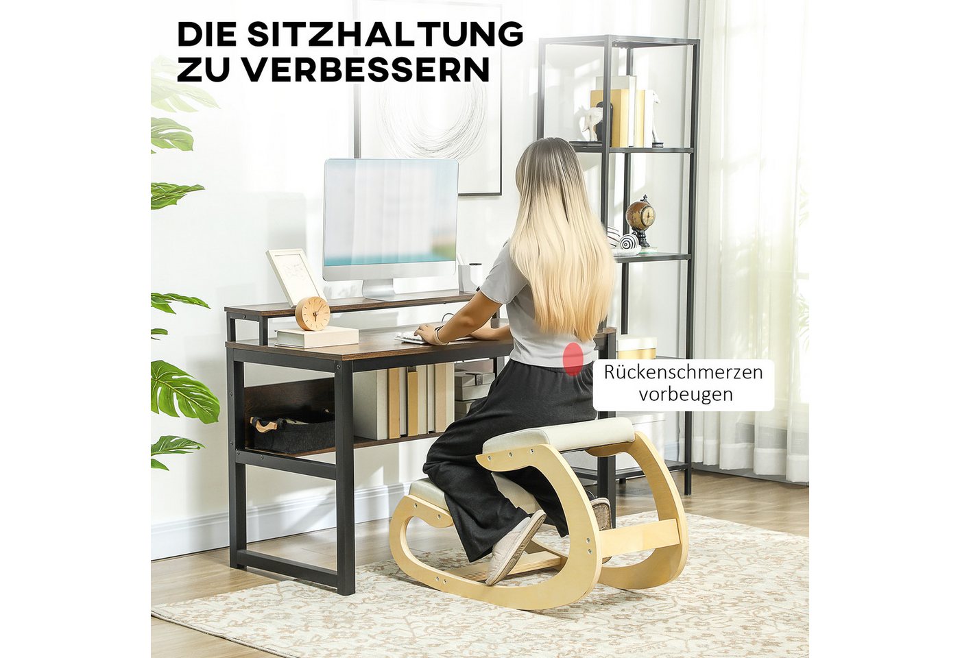 HOMCOM Stuhl Kniestuhl Ergonomisch, Kniestuhl aus Holz, Gesundheitsstuhl (Schreibtischstuhl, 1 St), für Homeoffice, zur Verbesserung der Körperhaltung, Cremewei – Bild 4 von 5
