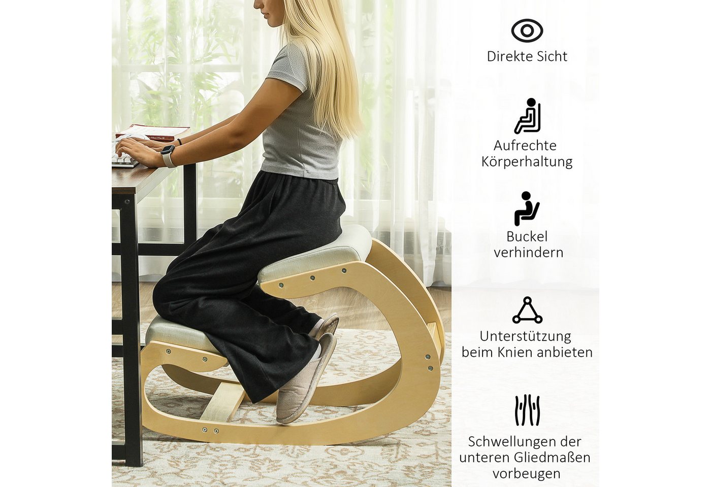 HOMCOM Stuhl Kniestuhl Ergonomisch, Kniestuhl aus Holz, Gesundheitsstuhl (Schreibtischstuhl, 1 St), für Homeoffice, zur Verbesserung der Körperhaltung, Cremewei – Bild 5 von 5