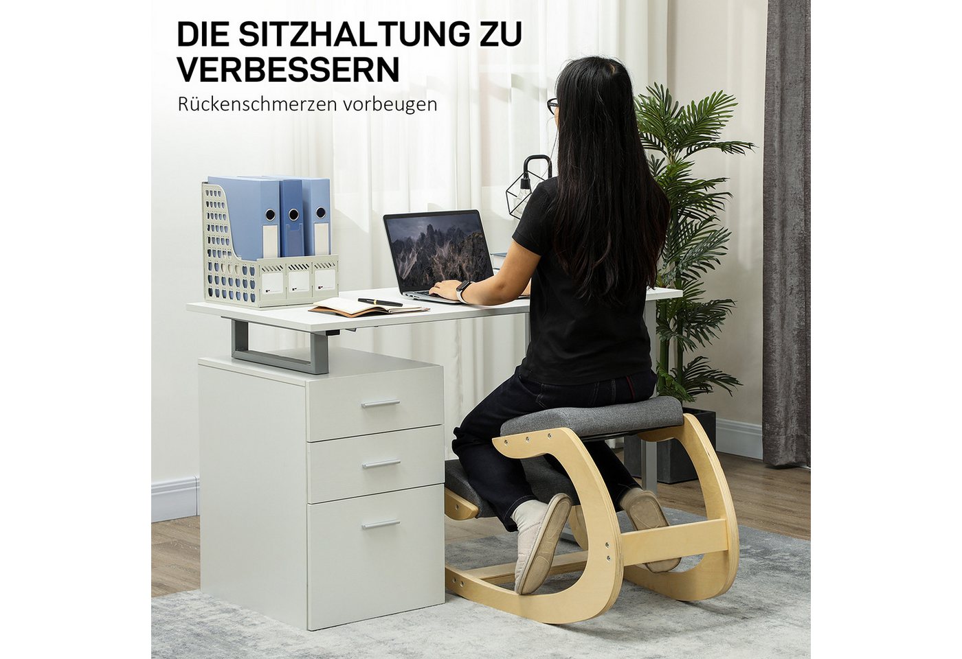HOMCOM Stuhl Kniestuhl Ergonomisch, Kniestuhl aus Holz, Gesundheitsstuhl (Schreibtischstuhl, 1 St), für Homeoffice, zur Verbesserung der Körperhaltung, Grau – Bild 4 von 5
