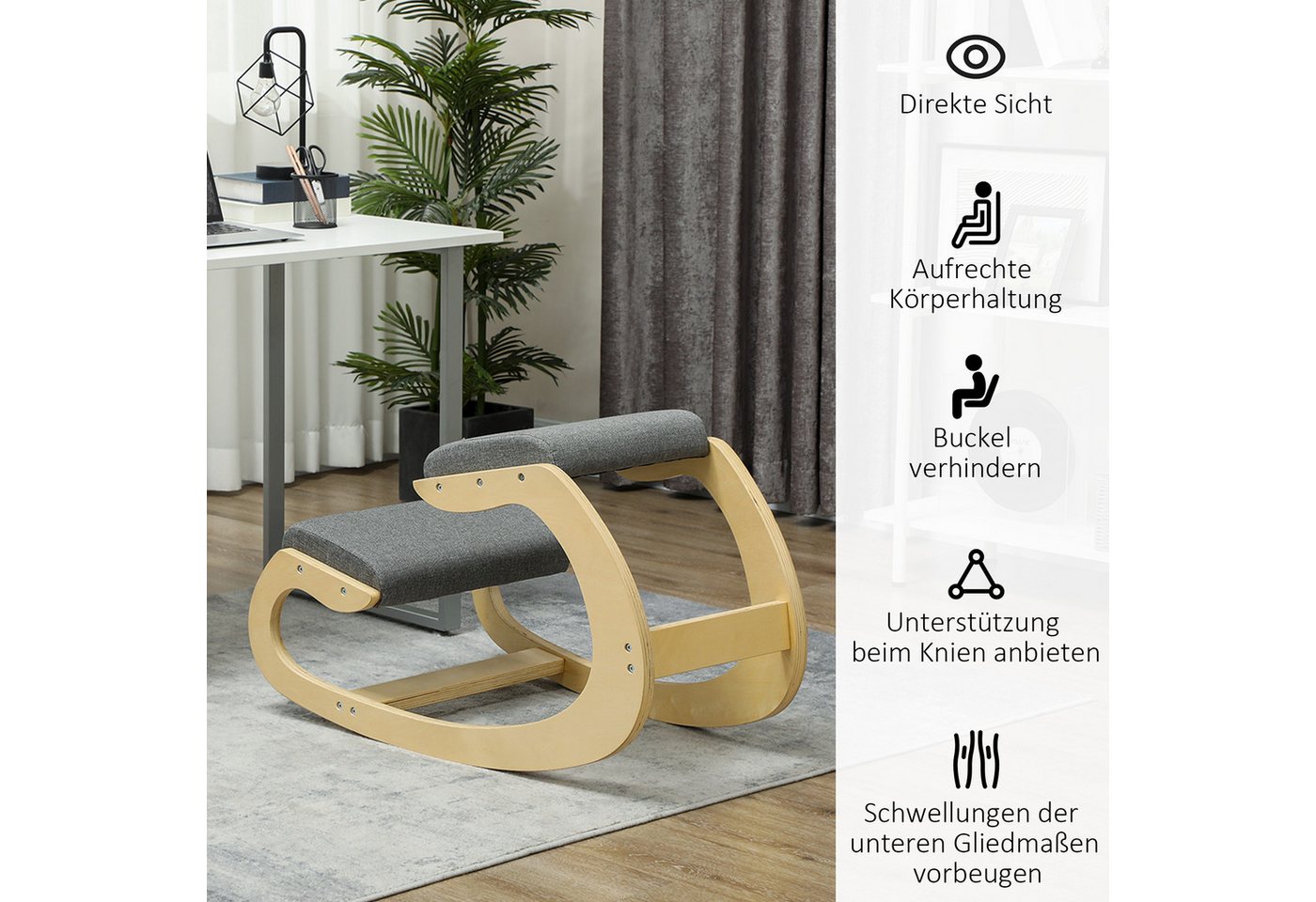 HOMCOM Stuhl Kniestuhl Ergonomisch, Kniestuhl aus Holz, Gesundheitsstuhl (Schreibtischstuhl, 1 St), für Homeoffice, zur Verbesserung der Körperhaltung, Grau – Bild 5 von 5
