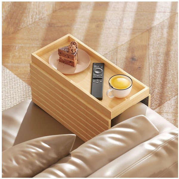 HOMCOM Tablett Sofatablett Klappbar Sofa Organizer mit Getränkehalter Anti-Rutsch, Bambus, (Rutschfestes Couch Tablett, 1-tlg., Sofaablage), für Getränke, Snack