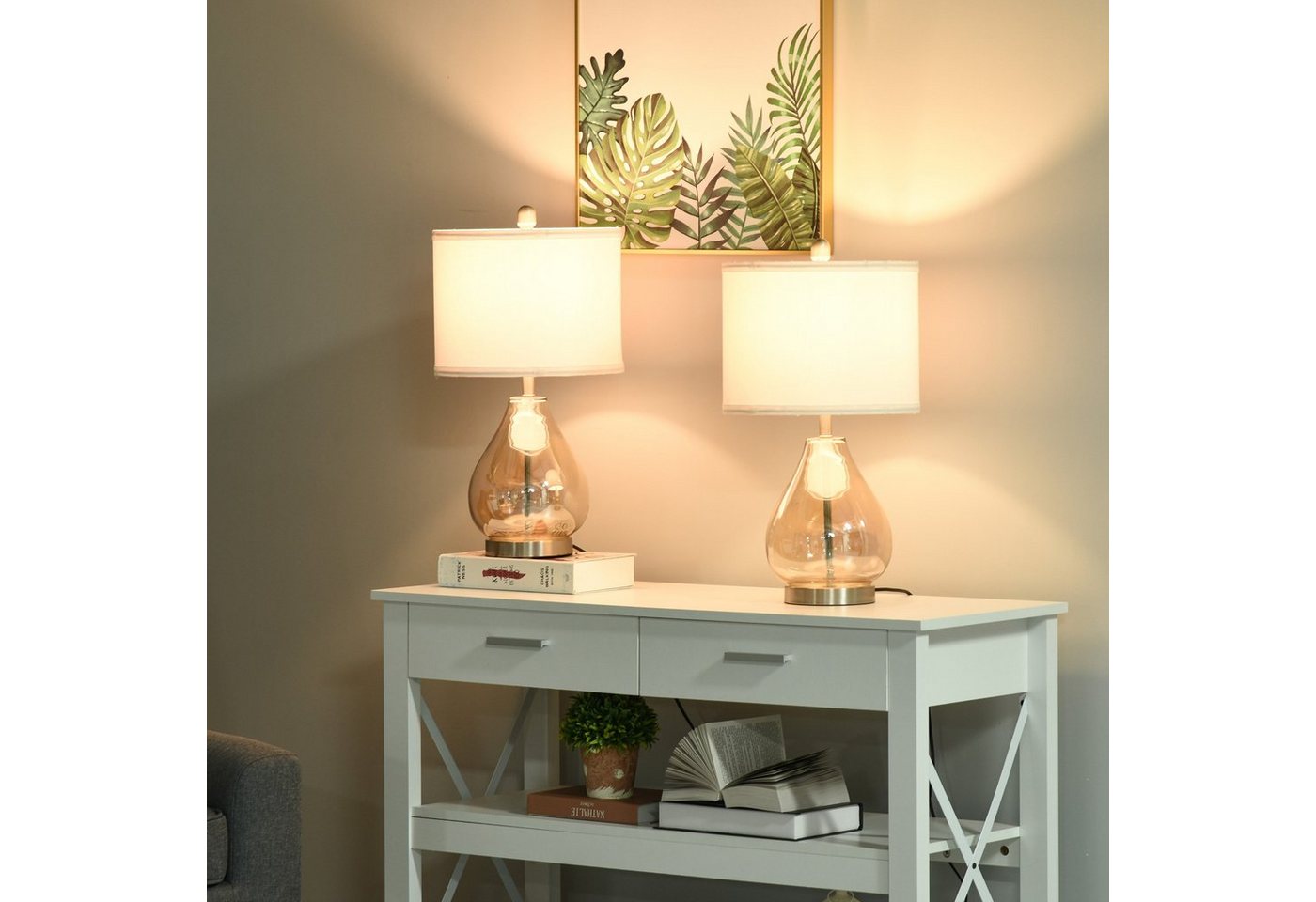HOMCOM Tischleuchte Nachttischlampe, Ein-,Ausschalter, 1 x E27 (nicht im Lieferumfang enthalten), 2-Set Tischlampen E27 Nachttischlampe Leinen Glas Bernstein – Bild 2 von 5