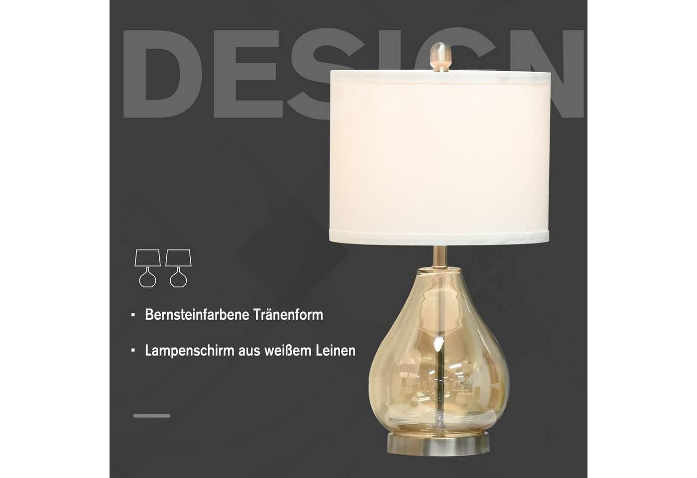 HOMCOM Tischleuchte Nachttischlampe, Ein-,Ausschalter, 1 x E27 (nicht im Lieferumfang enthalten), 2-Set Tischlampen E27 Nachttischlampe Leinen Glas Bernstein – Bild 4 von 5