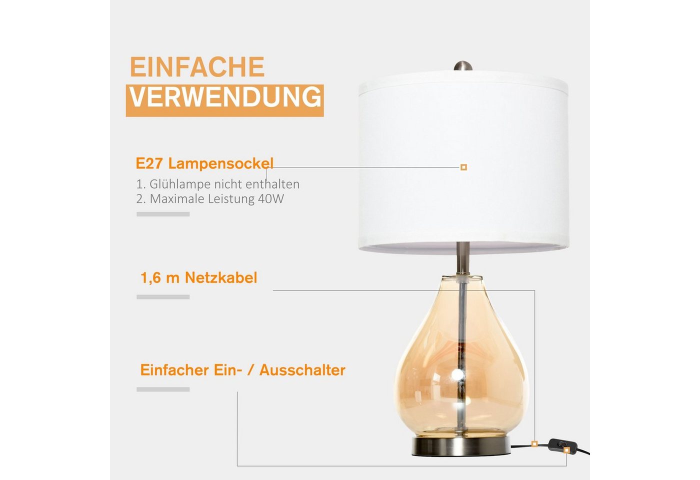 HOMCOM Tischleuchte Nachttischlampe, Ein-,Ausschalter, 1 x E27 (nicht im Lieferumfang enthalten), 2-Set Tischlampen E27 Nachttischlampe Leinen Glas Bernstein – Bild 5 von 5