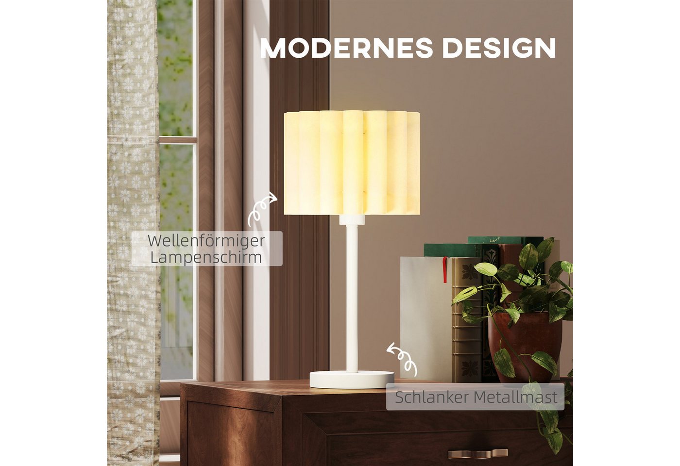 HOMCOM Tischleuchte Tischlampe, mit Wellen-Lampenschirm, E27-Fassung, Nachttischlampe, Dekoration, exkl. Glühbirne, für Wohnzimmer, Spielzimmer, Weiß – Bild 4 von 5