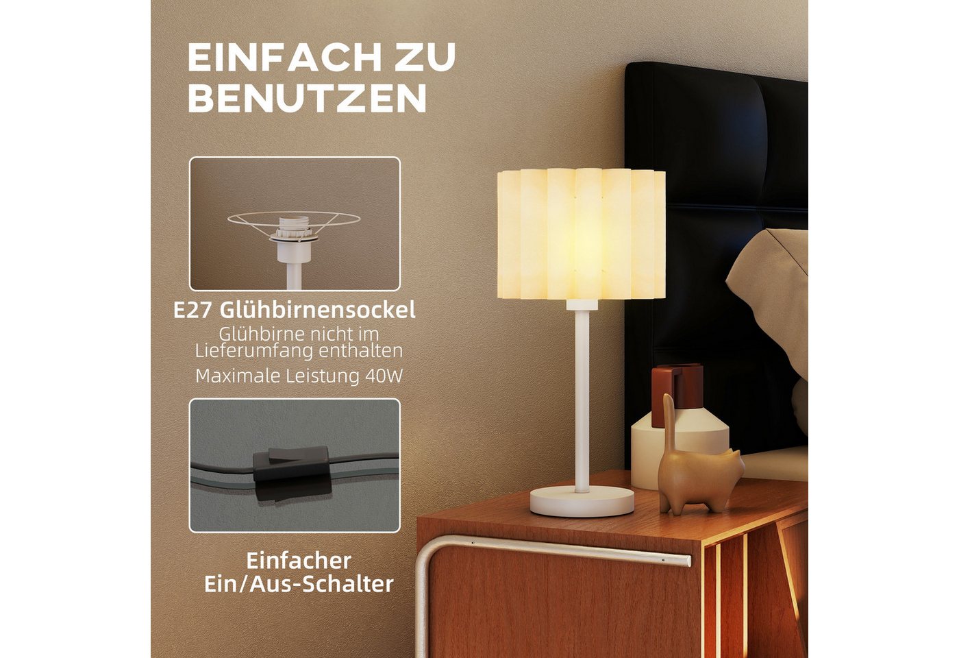 HOMCOM Tischleuchte Tischlampe, mit Wellen-Lampenschirm, E27-Fassung, Nachttischlampe, Dekoration, exkl. Glühbirne, für Wohnzimmer, Spielzimmer, Weiß – Bild 5 von 5